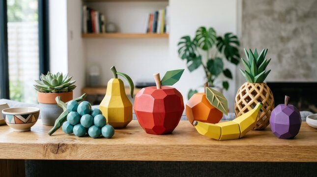 A wooden table with a variety of colorful paper cut-out fruits and vegetables, including apples, bananas, pears, and oranges, arranged in a playful and whimsical manner.