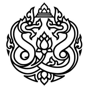 Thai Naga Symbol: An intricate black and white illustration of the Naga, a mythical serpent deity, intertwined with a lotus flower, symbolizing purity and spirituality in Thai culture.