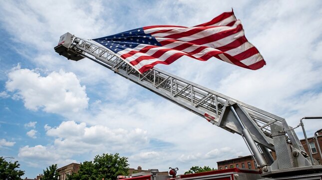 American flag flying high from an extended fire truck ladder during a patriotic community event against a bright sky.