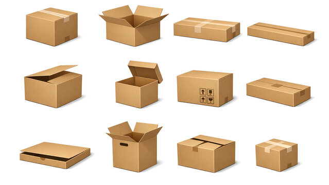 A set of open cardboard boxes with various items inside them, showcasing a diversity of products and materials being transported