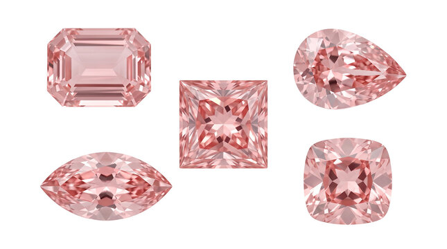 Pink Diamond Faceted Gemstones Set Various Cuts Isolated on Black Background