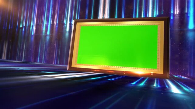Elegant Golden Frame Display Screen Mockup with Green Screen Chroma Key Placeholder and Blue Neon Light Motion Studio Stage
