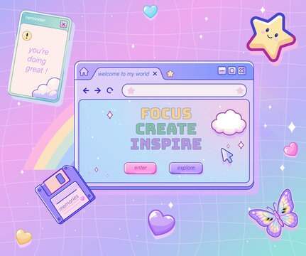 Y2K Retro Web Interface with Focus Create Inspire Typography, Rainbow, Floppy Disk, Butterfly and Star Elements