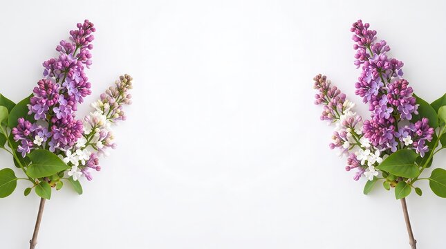 Purple lilac flowers frame on white background with copy space