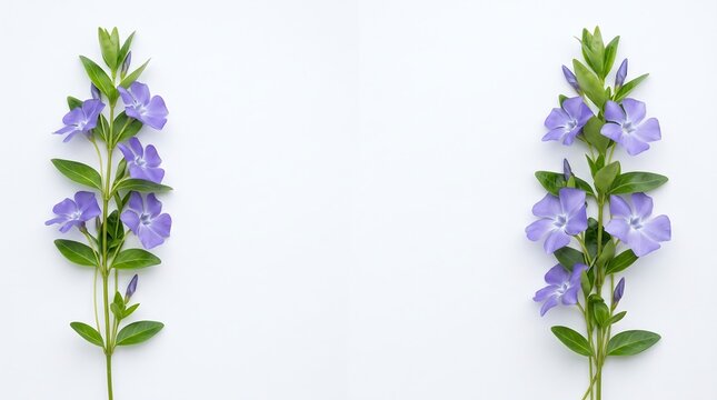 Purple periwinkle flower stalks on white background with copy space