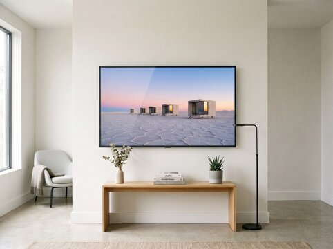 Modern minimalist living room interior mockup featuring a large screen on white wall