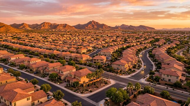 Aerial view of desert suburban neighborhood at sunset with tile roof homes and mountain backdrop, ideal for retirement community themes.
