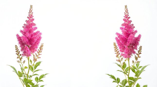 Pink astilbe flower stalks on white background with copy space
