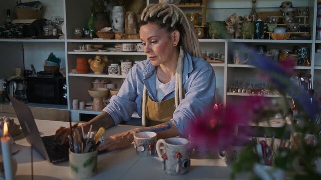 Focused woman describes craft cup with mushrooms on laptop