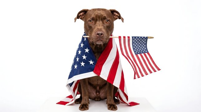 Patriotic brown pitbull dog wearing american flag draped over shoulders holding small flag in mouth with white background american