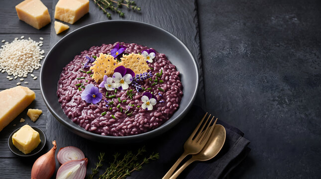 Purple risotto with edible flowers on elegant gourmet restaurant background