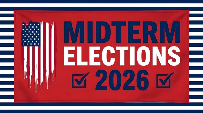 Midterm Elections 2026 banner with American flag and checkmarks.