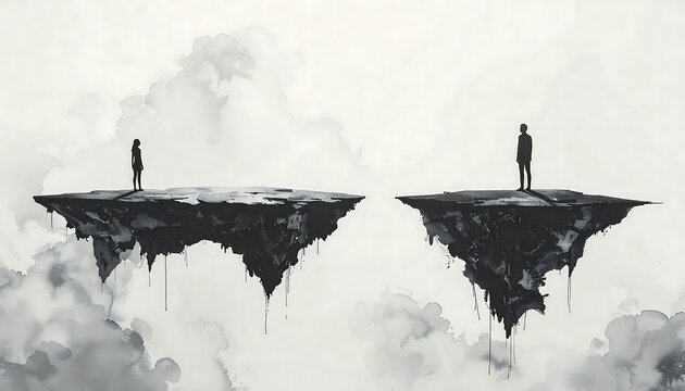 Monochrome illustration two figures on distant floating islands, symbolizing disconnection and the human journey to bridge emotional gaps