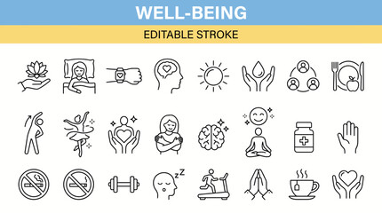 Fototapeta premium Well-Being Icons Set in Editable Stroke - Health, Mindfulness, Yoga and Self-Care Vector Illustrations for Wellness Projects