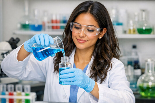 A woman in a lab coat is operating laboratory equipment, measuring the density of a liquid using a hydrometer.