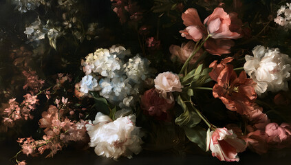 Fototapeta premium Timeless oil painting of hydrangeas and tulips with peonies against a moody dark floral background. Great for holiday greetings and packaging