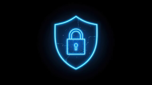 Shield containing a central padlock glows within a dark space as a metaphor for impenetrable digital security.