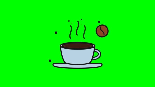 Hot steaming coffee cup with roasted bean vector illustration icon isolated on chroma key green screen background