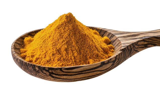 Isolated vibrant yellow turmeric powder piled in a rustic wooden spoon, culinary spice ingredient.