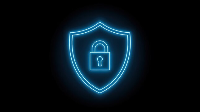 Shield icon with a padlock glows brightly against a dark background to symbolize secure online transactions.