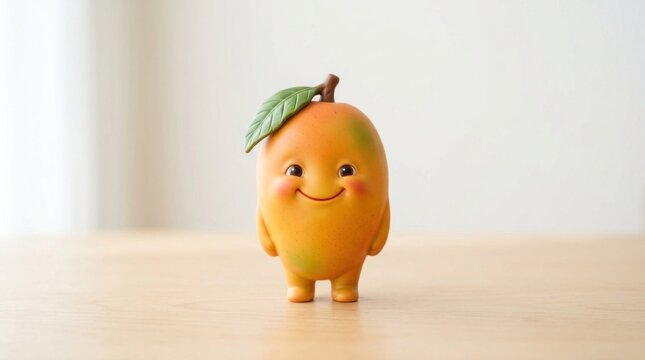 A cute, smiling, orange-colored, anthropomorphic mango figurine with a green leaf on top, standing on a wooden table with a white background.