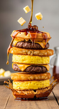 A tall stack of waffles with meat patties eggs and syrup pouring down.