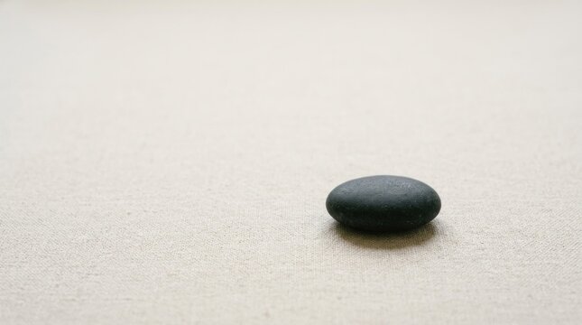 A single black stone on a neutral fabric surface, with a soft focus background.