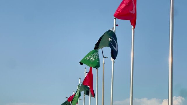 Saudi Arabia Turkey Pakistan National Flags, Waving Flags on Flagpoles, International Relations and Economic Partnership