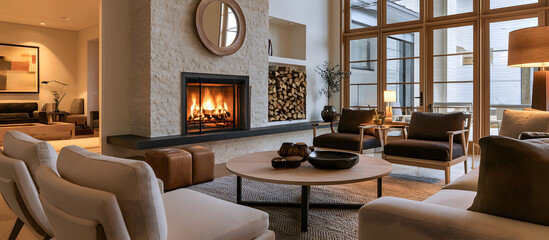 Obraz premium A modern, elegant, and luxurious interior design is crafting a cozy and bright living room atmosphere, featuring a fireplace, wooden furniture, and numerous seating options, with plenty of space for t