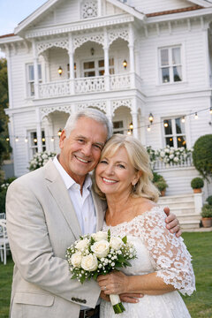 A bride and groom hugging, with beaming smiles on their faces as they celebrate their wedding day.