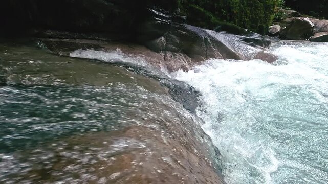 Clear Rainforest River Rapids Flowing Over Smooth Rocks in Ecuador, Whitewater Stream, Tropical Canyon and Freshwater Nature Background