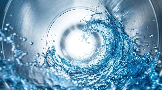 Dynamic macro view of fresh waves, drops, and bubbles inside a washing machine drum industrial pipe.