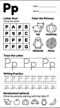 Educational alphabet worksheet for letter P with tracing and coloring activities for kids.