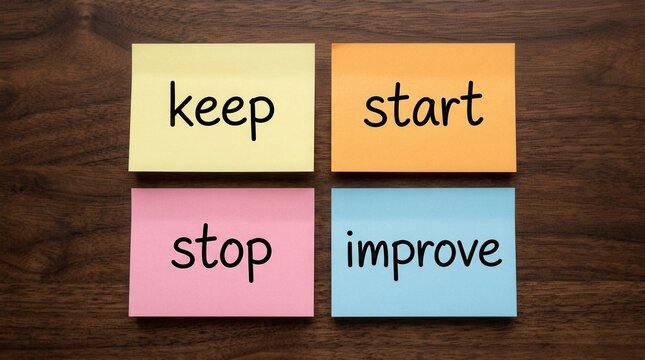 Agile scrum method for teamwork development and continuous improvement with keep start stop improve notes.