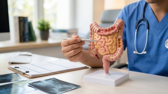 Healthcare professional exploring intestinal tract anatomy for colon cancer awareness concept.