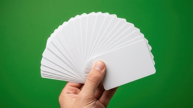 A stack of empty white cards in a hand against a green backdrop, ready for branding or custom design.