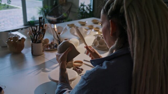 Lady potter taps clay vessel rim with spatula near studio window