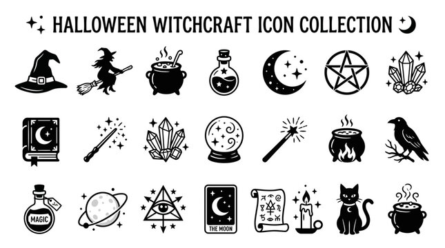 Halloween witchcraft icon collection, mystical occult symbols set, black magic vector elements for spooky branding and web design Halloween