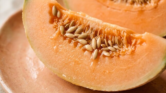 Fresh organic Cantaloupe melon slice with seeds, juicy orange Cantaloupe melon macro detail for healthy nutrition concept, sweet seasonal Cantaloupe melon on rustic plate.