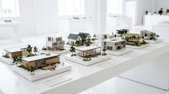 A collection of miniature model homes displayed on a white table in a modern, minimalist setting.