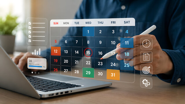 Business professional using stylus pen on digital calendar interface managing monthly schedule and tasks.