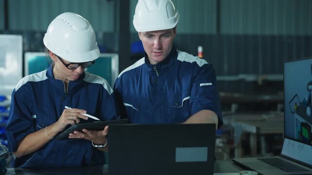 Female technician and male colleague discussing a machinery maintenance plan. Focusing on cooperation, safety, and operational control indoors.