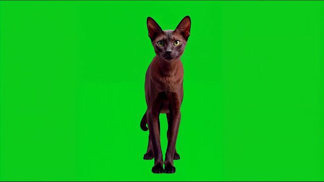 Brown oriental shorthair cat standing facing forward against green screen 4K video for video editing