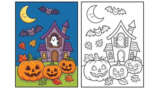 Halloween haunted house and pumpkin patch coloring page activity with halloween