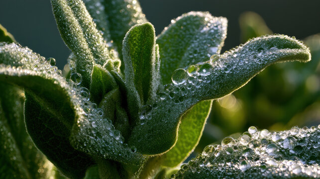 Macro close up mullein leaf dew water drop green plant shallow depth velvety leaf, morning dew beads sparkle fuzzy mullein leaf soft sunlight