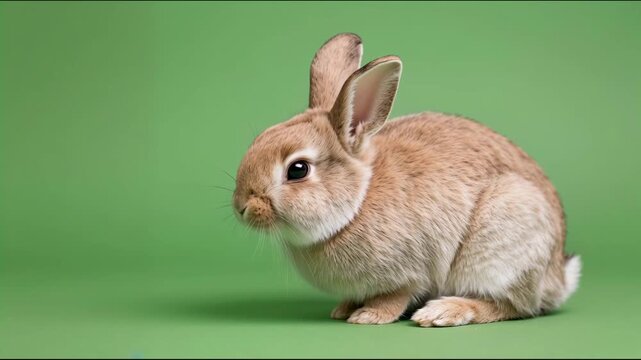 Small brown rabbit sitting isolated on green background 4K video for video editing