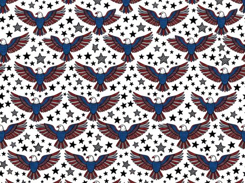 Seamless pattern with patriotic eagles and stars isolated on white background