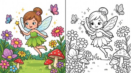 Little fairy flying in garden coloring activity with fairy tale, coloring © Tharindu