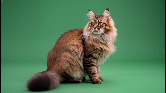 Fluffy maine coon cat sitting against green screen background 4K video for video editing