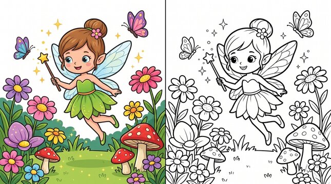 Little fairy flying in garden coloring activity with fairy tale, coloring